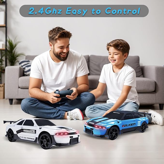 1/24 4WD High Speed RC Car with LED Light, Two Rechargeable Batteries and Drift Tires, RC Car for Kids and Adults, Blue