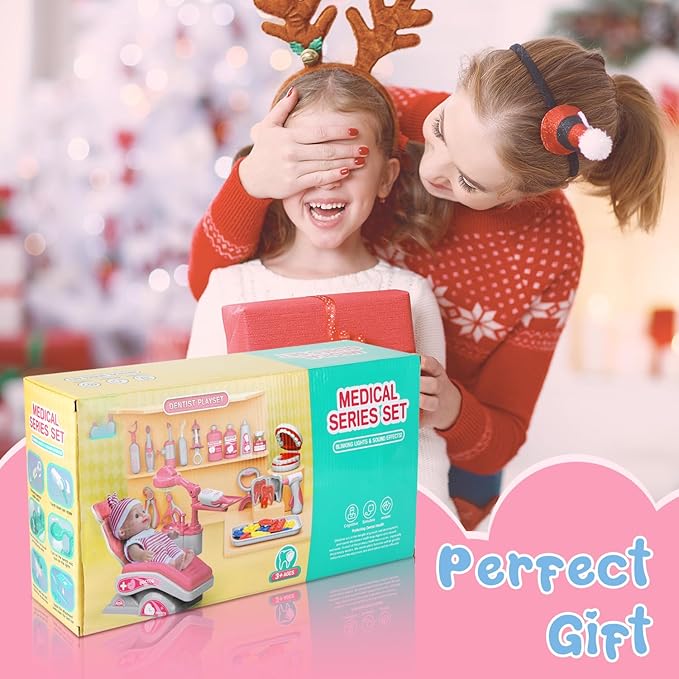 Doctor Kit for Toddlers 3-5, 28 Pcs Kids Dentist Set for Girls Boys Gift, Pretend Medical Kit With Chair, Dental Tools, Cute Doll, Role Play Dentist Gift for Birthday Christmas (Pink)