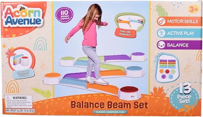 Balance Beam and Toddler Stepping Stones 13 Pieces, Non-Slip Plastic Balance Stackable Stepping Stones, Sensory Toys for Toddlers, Indoor or Outdoor Play, Easy Storage