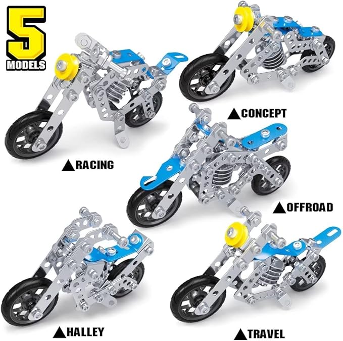 Ferthor Fun Erector Set Motorcycle,Stem Building Projects Toys for Kids 8 9 10 11 12+ Year Old,Metal Building Construction Model kit, 5 in 1 Motobike Building Blocks Steam Educational Toys(139PCS)