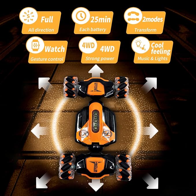 Gesture RC Car, 2.4GHz 4WD Gesture Sensing RC Stunt Car Toys,Double Sided 360° Rolling Rotating Rotation for 3 4 5 6 7 8-12 Year Old Boy Girls Toys(Orange)