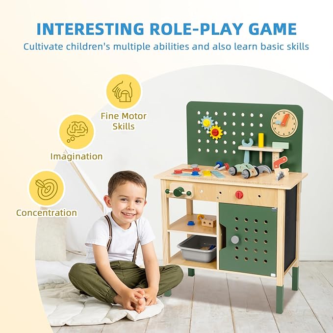Toddler Tool Bench, Montessori Kids Workbench Playset, Large Tool Bench for Kids Ages 3-5, Wooden Toddler Construction Toys for Pretend Play, Present for Boys and Girls, Green