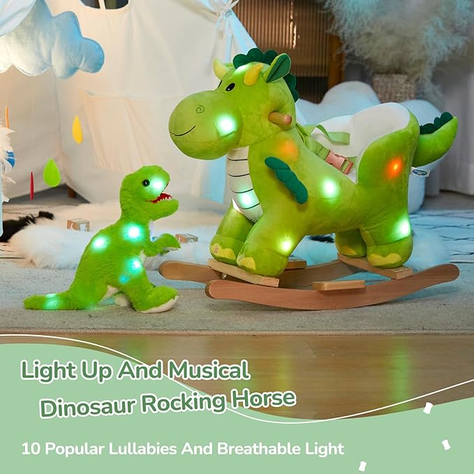 Glow Guards Light Up Musical Dinosaur Baby Rocking Horse Set of 2 with Safety Belt Dinosaur Rocker Baby Rocking Chair for Toddlers 1-3