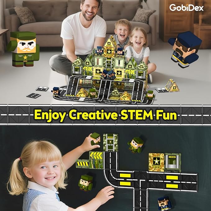 GobiDex 100PCS Army Magnetic Tiles Road Set, Military Magnetic Building Blocks with Toy Soldiers, STEM Construction Toys for Kids Ages 3-5 4-8, Christmas Birthday Gifts for 3+ Year Old Boys Girls