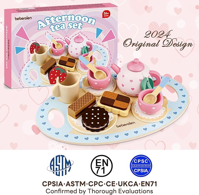 Wooden Tea Set for Little Girls Birthday Gift 3-4 Year Old Princess Toys Play Food Sets for Kids Kitchen Accessories Toddlers 3-5 Outdoor Party Pretend Food Dessert Cookies Wood Toy