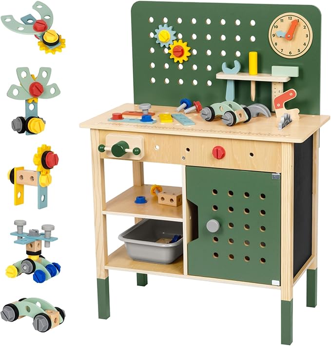Toddler Tool Bench, Montessori Kids Workbench Playset, Large Tool Bench for Kids Ages 3-5, Wooden Toddler Construction Toys for Pretend Play, Present for Boys and Girls, Green