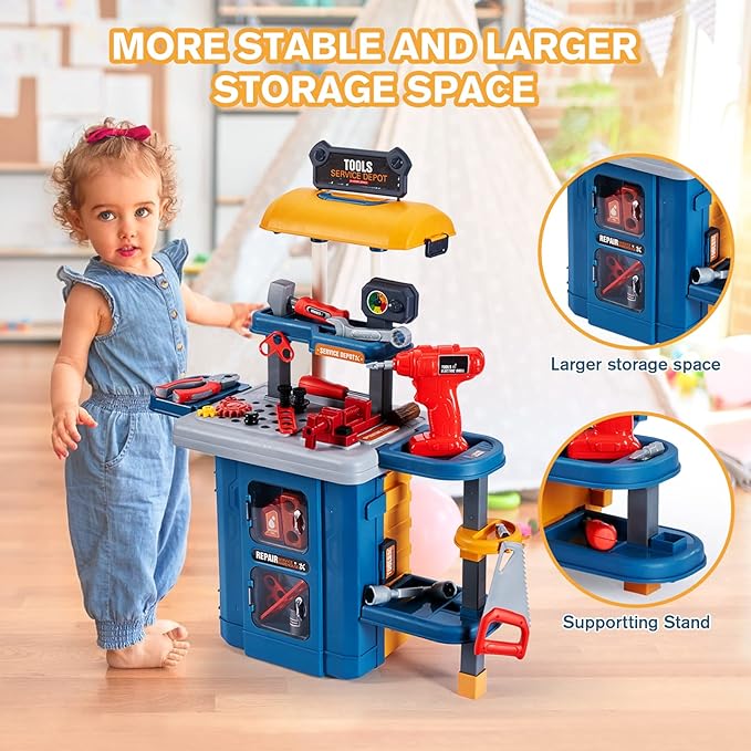3-in-1 Kids & Toddler Tool Bench with Working Electric Drill - Realistic Construction Toys Learning Set for Ages 2-6, Interactive Workshop Playset for Birthday & Christmas