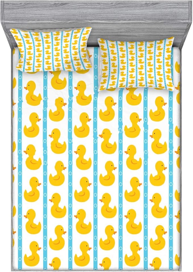 Ambesonne Rubber Duck Fitted Sheet & Pillow Sham Set, Duckies on Stripes and Small Circles Play Toys Pattern Print, Decorative Printed 2 Piece Bedding Decor Set, Queen, Blue Yellow