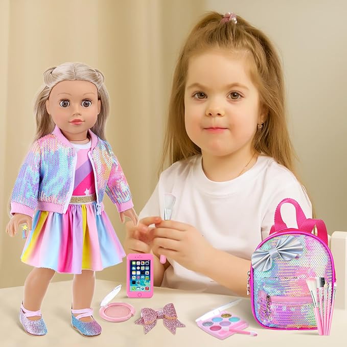 UNICORN ELEMENT American 18 Inch Doll Makeup Accessories and Clothes,Sequin Backpack Set for 18" Dolls Include Skirt Bracelet Hair Clip Phone and Makeup Sets(No Doll and Shoes