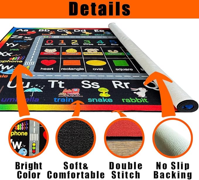 ABC Carpet,Kids Carpet for Playroom, Floor Play Mat for Kids,Preschool Rugs wtih ABC, Numbers, Animals (3' 3" x 4', Black)