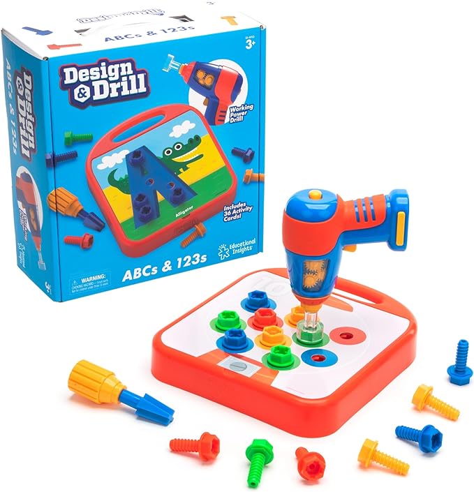 Educational Insights Design & Drill ABCs & 123s - Construction Toys & Toddler Tools, Kids Tool Set with Real Electric Drill Toy, Preschool Learning Activities, Building Kits and Gifts for Ages 3+