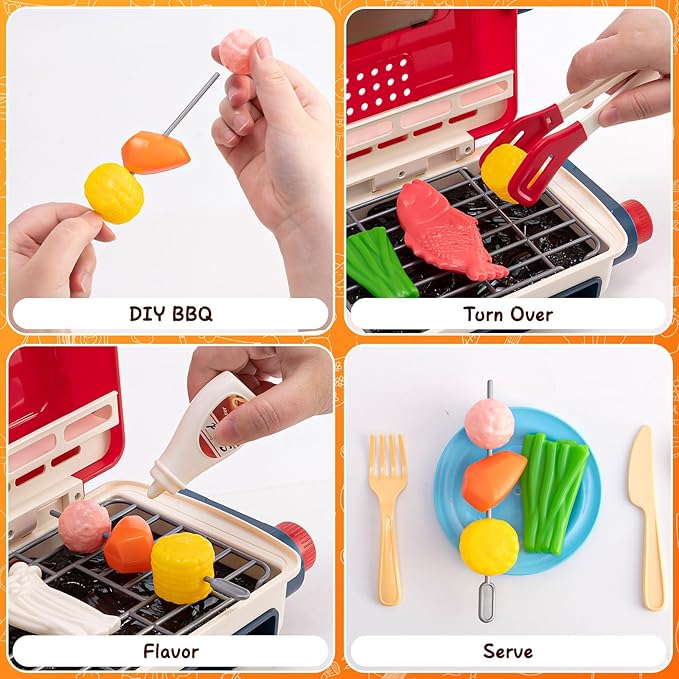 48-Piece Kids BBQ Grill Playset with Lights & Sounds, Spray Food, Role Play Kitchen Accessories, Children's Kitchen Toys, Gift for Boys & Girls Ages 3-6+