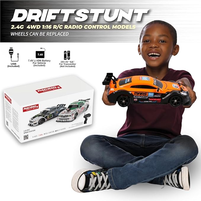 Liberty Imports RC Drift Car 1/16 2.4GHz 4WD Remote Control Sport Racing On-Road Vehicle with LED Light, Batteries and Drift Tires (White)