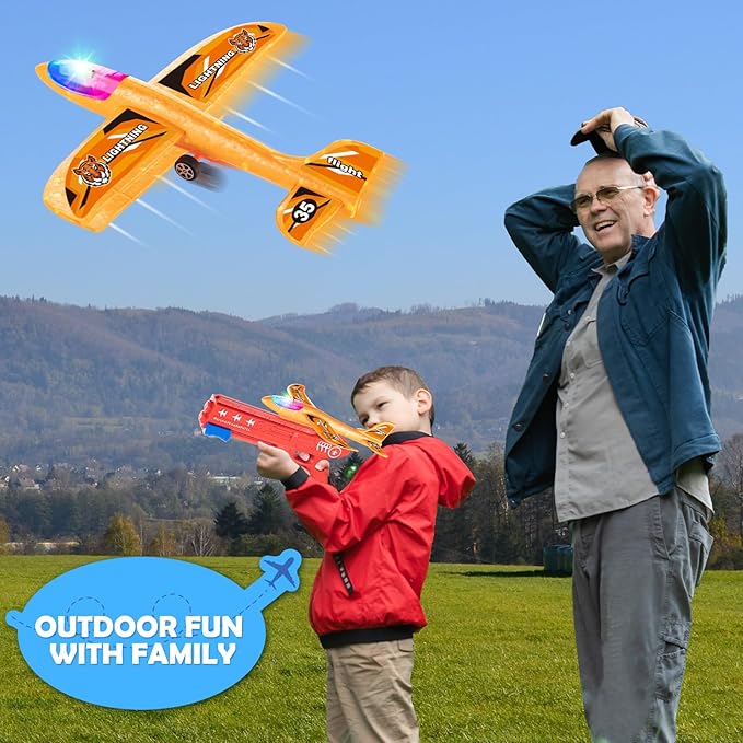 Bigdream 6 Pack LED Airplane Launcher Toys with 2 Launchers, 2 Flight Mode Glider Catapult Plane with Stickers, Flying Outdoor Toys for 3 4 5 6 7 8 9 10 11 12 Year Old Kids Boys Girls Birthday Gifts
