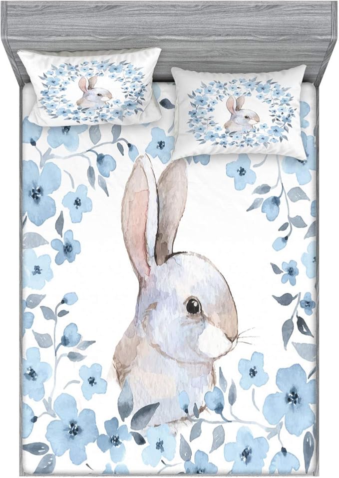 Ambesonne Watercolor Flower Fitted Sheet & Pillow Sham Set, Bunny Rabbit Portrait in Floral Wreath Illustration Country Style, Decorative Printed 3 Piece Bedding Decor Set, King, Blue White