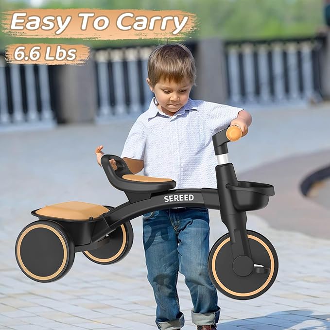 SEREED Toddler Tricycle for 2-5 Years Old Boys Girls, Adjustable Seat&Handlebar Trike, Removable Basket, Birthday Gift Idea for Kids Ages 2+ (Yellow Black)