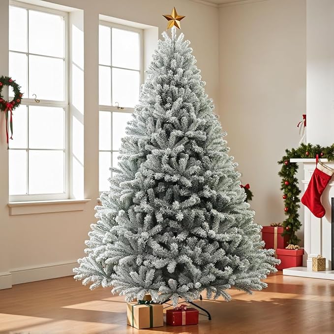 Prelit Christmas Tree with Lights 9ft,Premium Snow Flocked Artificial Xmas Tree, with 2270 Branch Tips and 900 Warm Lightsm,Support Automatique,Perfect Choice for Christmas Decorations,White