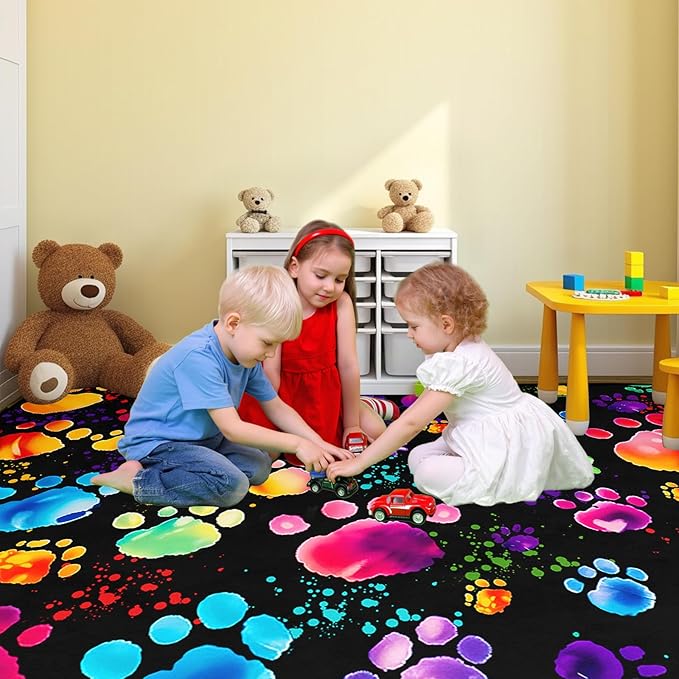 Paw Print Rug - Cute Colorful Dog Cat Paw Print Rugs Cartoon Animal Claw Carpet for Kids Bedroom Cute Animal Paw Themed Decorative Carpet for Playroom Soft Decor for Classroom,4'×5'