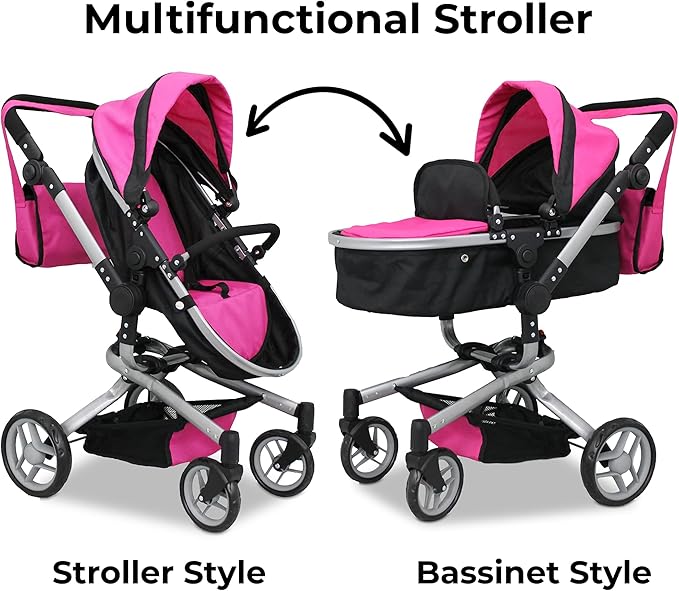 Mommy & Me 2 in 1 Deluxe Baby Doll Stroller, Toy Baby Stroller with Diaper Bag, Foldable, Doll Carriage for Kids, 32 Inches