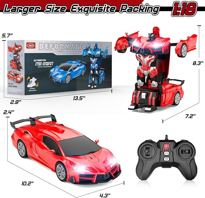 Remote Control Car,Transform Robot RC Cars with Cool LED Headlights, 2.4Ghz Toys Car with 360 Degree Rotation and One-Button Deformation, Christmas Birthday Gifts for Boys Girls(Red)