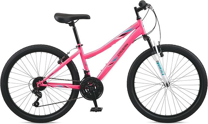 Cavern Mountain Bike for Youth or Adult Boys Girls, 7 or 21-Speed Twist Shifter Options, 20/24/26-Inch Wheels, 11 to 17.5-Inch Steel Frame, Front Suspension, Kickstand Included