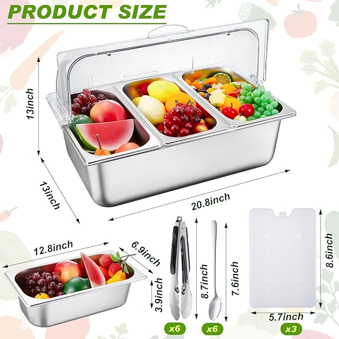 Tessco for you 16 Pcs Countertop Chilled Condiment Container Set with Lid, Stainless Steel Salad Cold Ice Food Spice Serving Display Caddy for Buffet Restaurant Kitchen Party(3 Compartments)