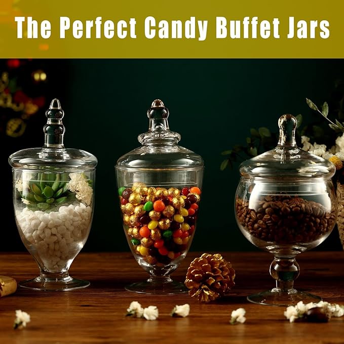 Apothecary Jars Glass Decorative Candy Jars, Buffet Display, Elegant Storage Jar, Decorative Wedding Candy Organizer Canisters 3 Pack