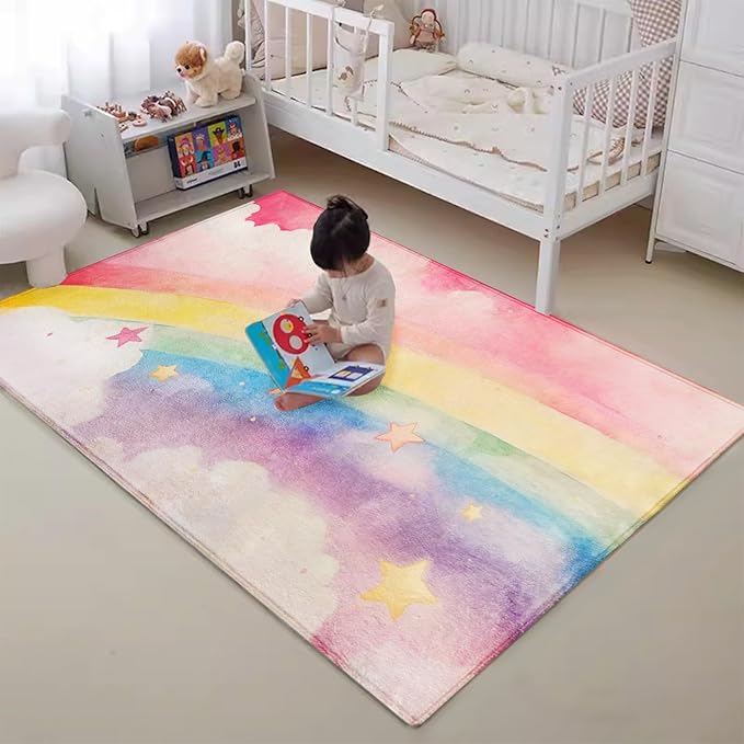 ABREEZE Kids Rainbow Rug Play Mat Ultra Soft Rugs for Kids Room, 5'x6.6' Non Slip Multi Color Children Nursery Rug Baby Rug Area Rug Kids Carpet for Bedroom Decor Playroom Living Room