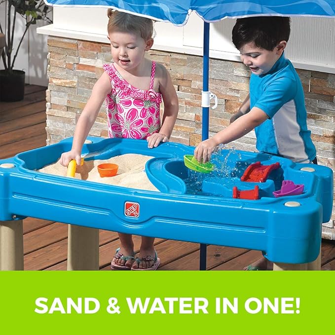 Step2 Cascading Cove Sand and Water Table, Kids Activity Sensory Playset, Comes with Umbrella, Summer Outdoor Toys, 7 Piece Toy Accessories, For Toddlers 1.5+ Years Old
