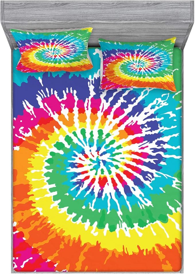 Ambesonne Rainbow Fitted Sheet & Pillow Sham Set, Digital Spiral Vortex Vibrant Rainbow Colored Sixties Ikat Psychedelic Pattern, Decorative Printed 3 Piece Bedding Decor Set, Queen, Green Multicolor