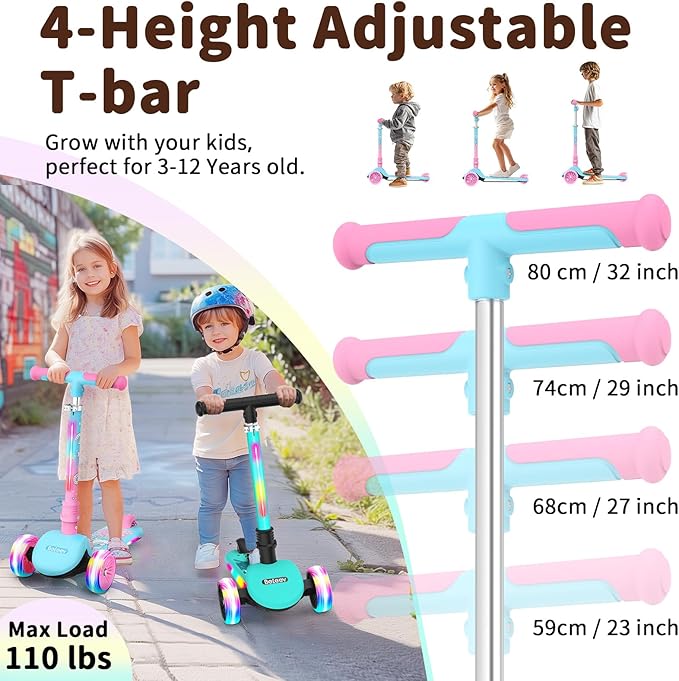 BELEEV A9 Kids Scooter with LED Light-Up Wheels & Deck, 3 Wheel Folding Scooter for Toddlers Girls Boys Ages 3-12, Adjustable Handlebar, Lean to Steer, Extra-Wide Wheels, Kick Scooter for Children