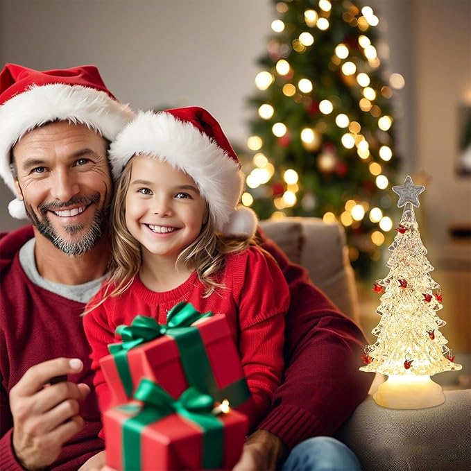 Acrylic Christmas Tree Table Decor, Light up LED Cardinal Christmas Tree Snow Globe with Swirling Glitte, Warm Lights Holiday Party Mantel Decorations Gifts for Family & Cardinal Lovers