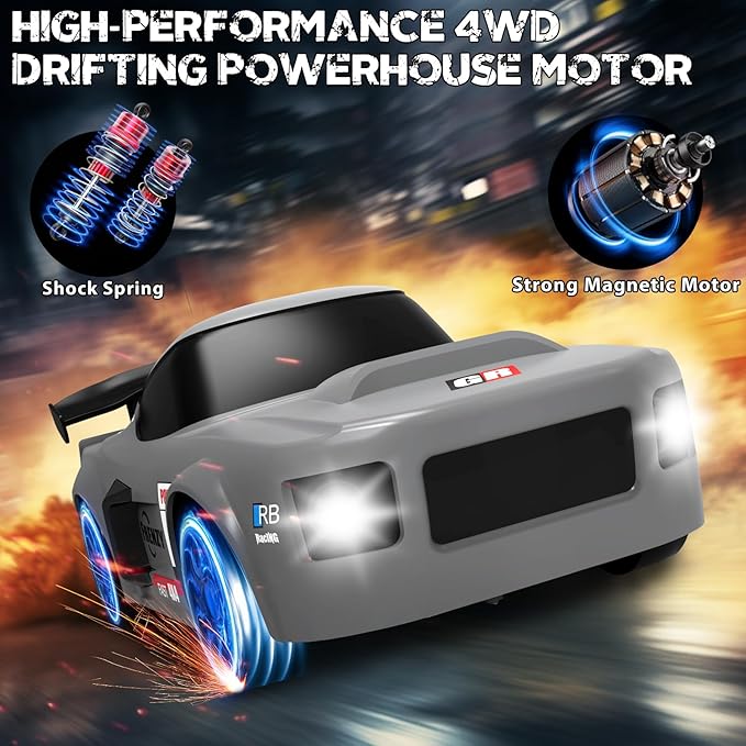 RC Drift Car, 1/24 Remote Control Car, 2.4Ghz 17KM/H High Speed RC Cars with LED Lights, Extra Tires, 2 Rechargeable Batteries, 4WD Racing Car Toys Christmas Birthday Gift for Kids Boys Girls Adults