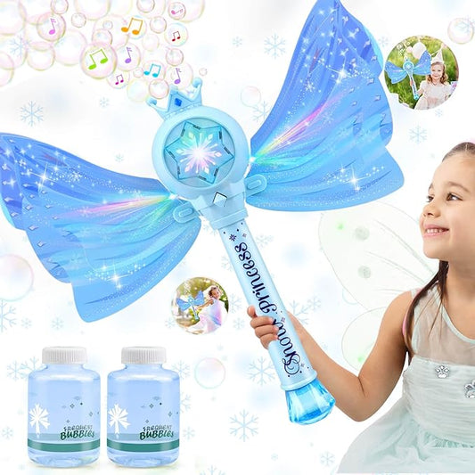 Bubble Wands for Kids Girls - LED Light & Music Bubble Machine: 3 AA Batteries & 2 Bubble Solutions, Outdoor Party Birthday Toys for Toddlers, Gift for 3 4 5 6 7 8 Year Old Girls, Blue