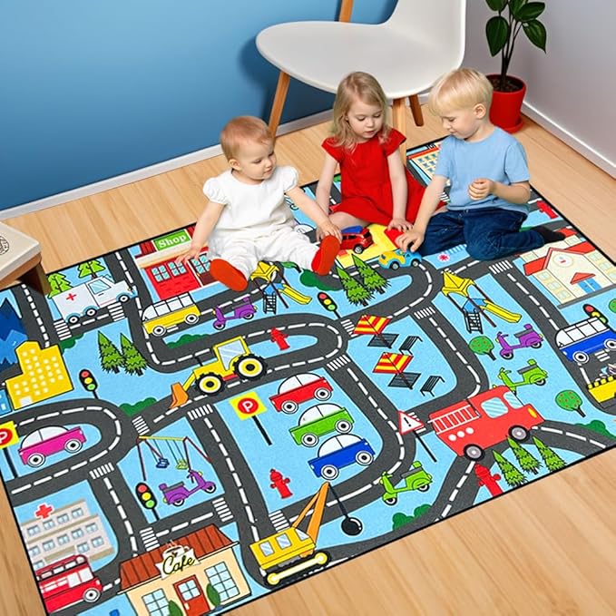 Car Track Rug - Car Rugs for Kids Toy Cars City Life Road Rug for Large Kids Play Mat for Boys Girls Playroom Living Room Bedroom Classroom, 5'×7'
