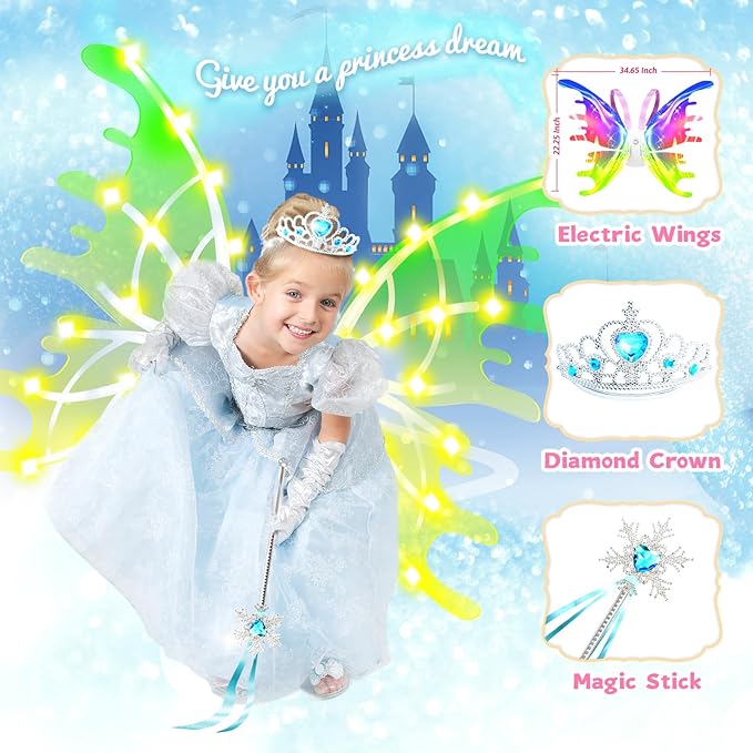 Electric Light Up Butterfly Wings Moving with Music - Princess Costume Crown Wand Dress Up, Princess Toys for Kids Ages 3-6 5-7 as Halloween Valentine Birthday Christmas Party Gifts
