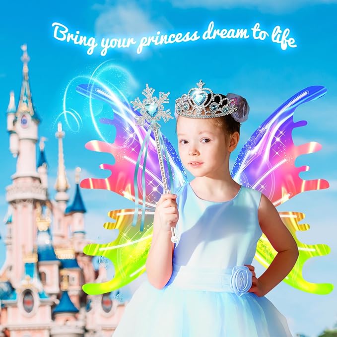 Electric Light Up Butterfly Wings Moving with Music - Princess Costume Crown Wand Dress Up, Princess Toys for Kids Ages 3-6 5-7 as Halloween Valentine Birthday Christmas Party Gifts