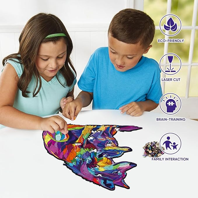 Colorful Wolf Family 200 Pieces Wooden Jigsaw Puzzles for Adults Unique Irregular Shape Fun Challenging Animal Puzzles for Kids and Couples on Birthday,Children’s Day,Christmas 9.4"*13"