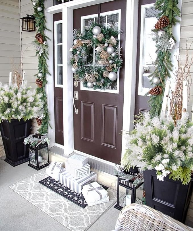 RECUTMS 1.22ft Greenery Artificial Pine Branches Tree Leaves Faux Stems Outdoor Plastic Plants No Fade UV Resistant Decor for Garden Porch Table Home Window (White)