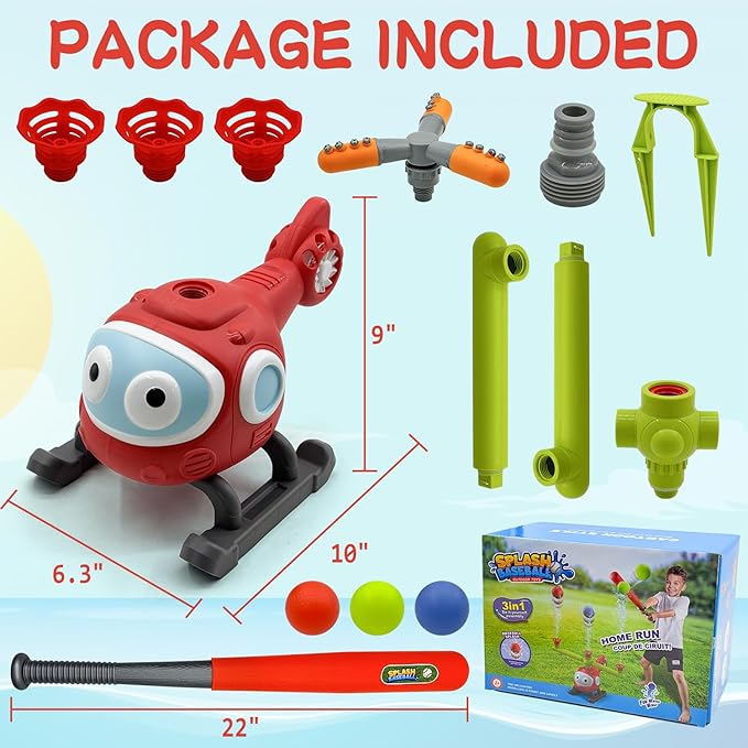 4 in 1 Water Sprinklers T Ball Set for Kids and Toddlers, Baseball Sprinkler for Backyard Helicopter Toy Outdoor Game, Attaches to Garden Hose Summer Yard Pool Water Toy