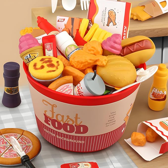 80 Pcs Pretend Play Food Toy for Kids Kitchen Aged 3 4 5, Fast Food Set with Storage Bucket, Pizza, Burger, Ice Cream, Hot Dog, Educational Birthday Toy Gift for Boys Girls