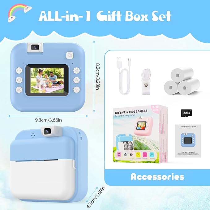 Kids Camera Instant Print - Digital Camera with Flip Lens, Birthday Gift for Boys Girls, Instant Print Photos for Toddlers HD Selfie 1080P Video, Portable Travel Toys for 4 5 6 7 8 9 10 Years Blue