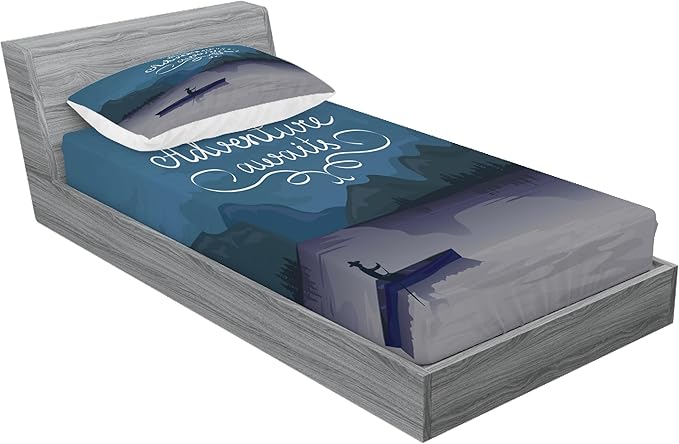 Ambesonne Saying Fitted Sheet & Pillow Sham Set, Kayak in a Mountain Lake at Night Camping Activity Lifestyle Adventure Words, Decorative Printed 2 Piece Bedding Decor Set, Twinxl, Purple Grey Teal