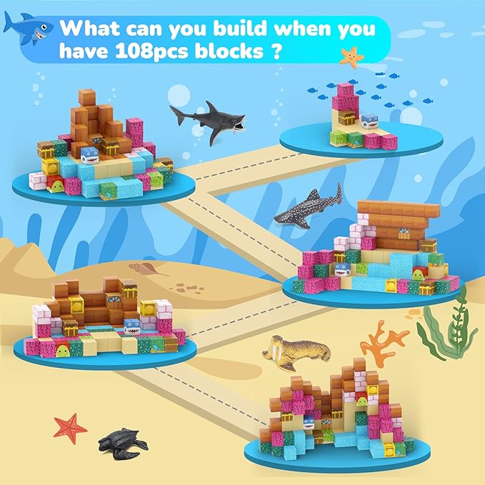 Magnetic Blocks 110PCS with 6 Animal Toys, Ocean Building Blocks Set, Toys for Boys & Girls Age 6-8, STEM Montessori Stacking Building for Toddlers Sensory for Kids 6+