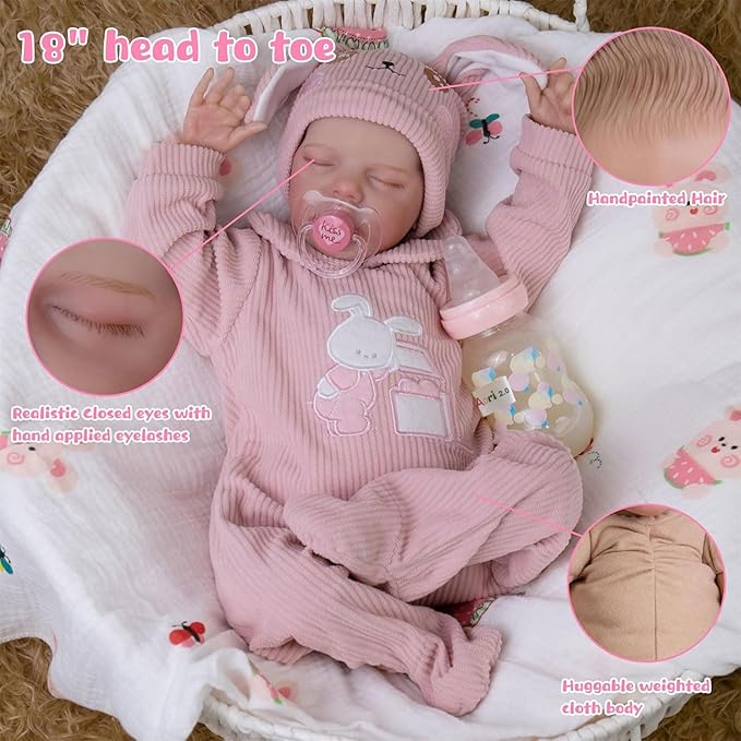 Lifelike Reborn Baby Dolls - 18-Inch Sweet Smile Real Life Realistic-Newborn Sleeping Baby Girl with Toy Accessories Gift Set for Kids Age 3+