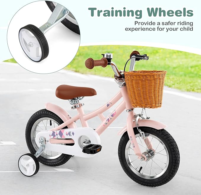 BABY JOY Retro Kids Bike, 12 14 16 18 Inch Child Bike for 3-8 Years Old w/Rattan Basket, Adjustable Height, Training Wheels, Fenders, Handbrake Coaster Brake, 95% Pre-Assembled Kids Bicycle for Girls
