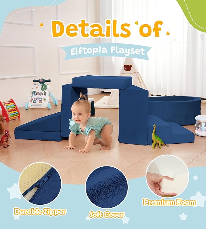 Foam Climbing Blocks with Ball Pit & Stairs for Toddlers Aged 1-3 -Soft Playset for Indoor Crawling, Foam Playground Set for Baby to Active Playing Inside -(Balls NOT Included),Navy