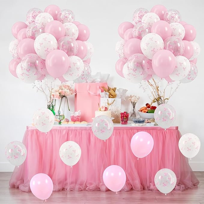 Pink Bow Balloons, 12 Inch Pastel Light Pink Transparent White Bow Print Coquette Balloon for Girls Women Birthday Bachelorette Party Bridal Baby Shower Wedding Anniversary Decorations Supplies