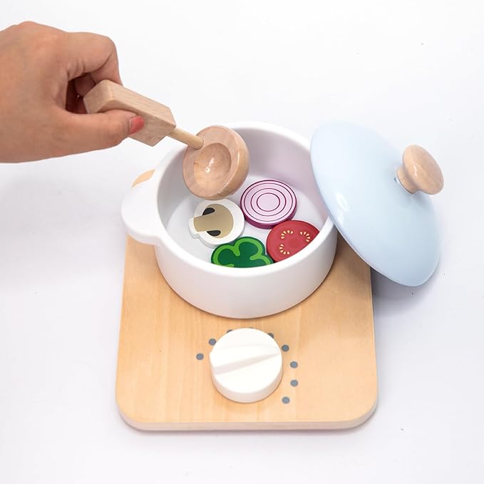 UMU® Wooden Kids Cooking Set – 18-Piece Pretend Play Kitchen Toy with Pots, Pans, Play Food, Utensils, Apron & Chef Hat – Montessori Role Play Set for Toddlers and Children Age 3 4 5 Years