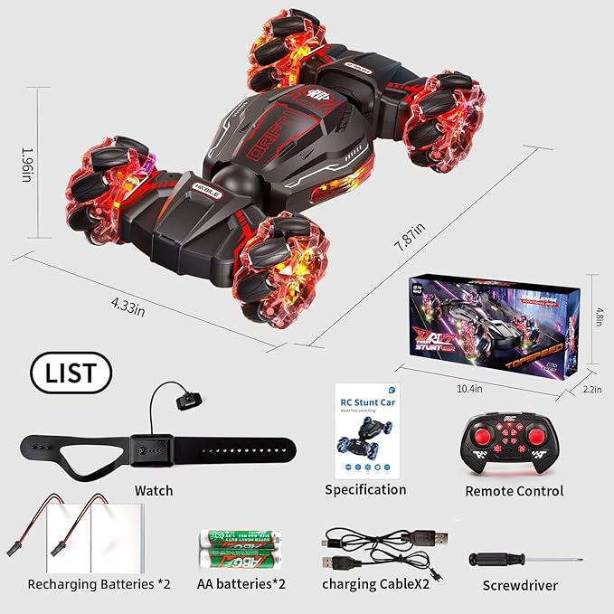 4WD Remote Control Car for Boys,2.4GHz Gesture Sensing Drift RC Cars,360°Flips Off-Road Hand Controlled RC Stunt Car with Lights Music,Toy Car Birthday Gifts for Boys Kids Age 6+ (Red